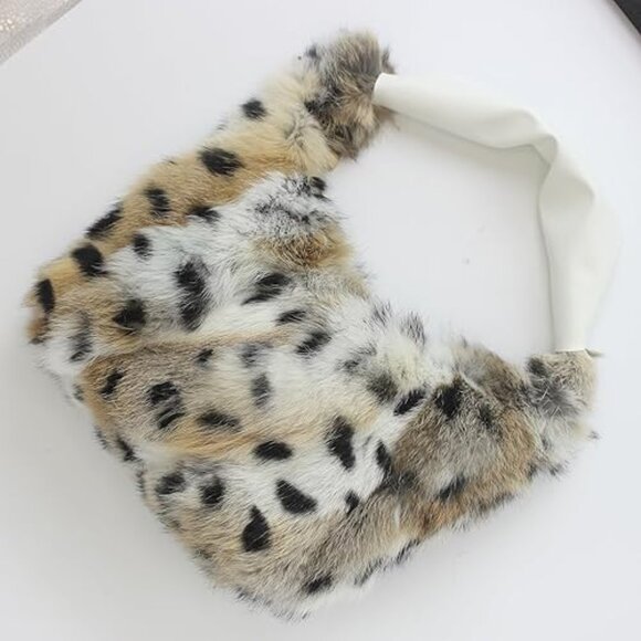 Neiman Marcus Lynx Print Rabbit Fur Hobo Bag - Picture 3 of 6
